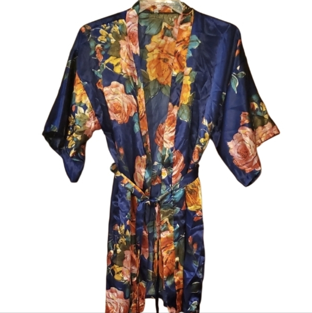 Navy Silky Short Sleeve Floral‎ Roses Shortie Robe Size Medium